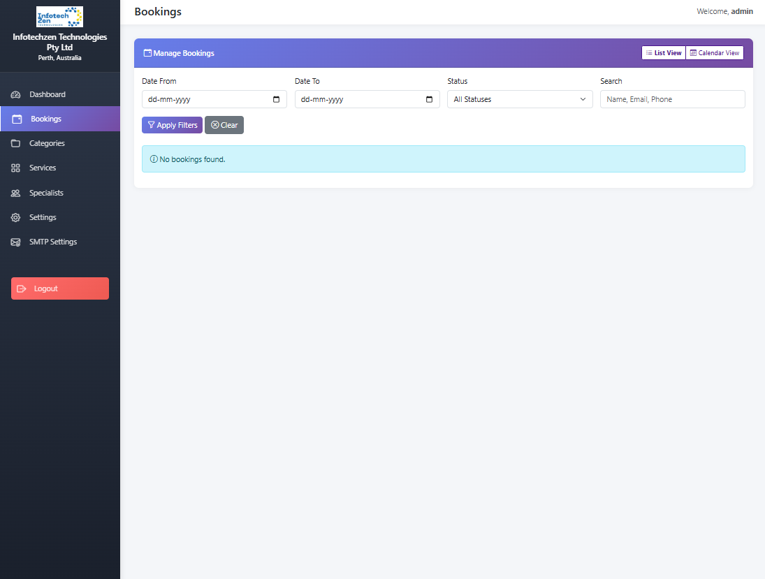 Booking Management List View