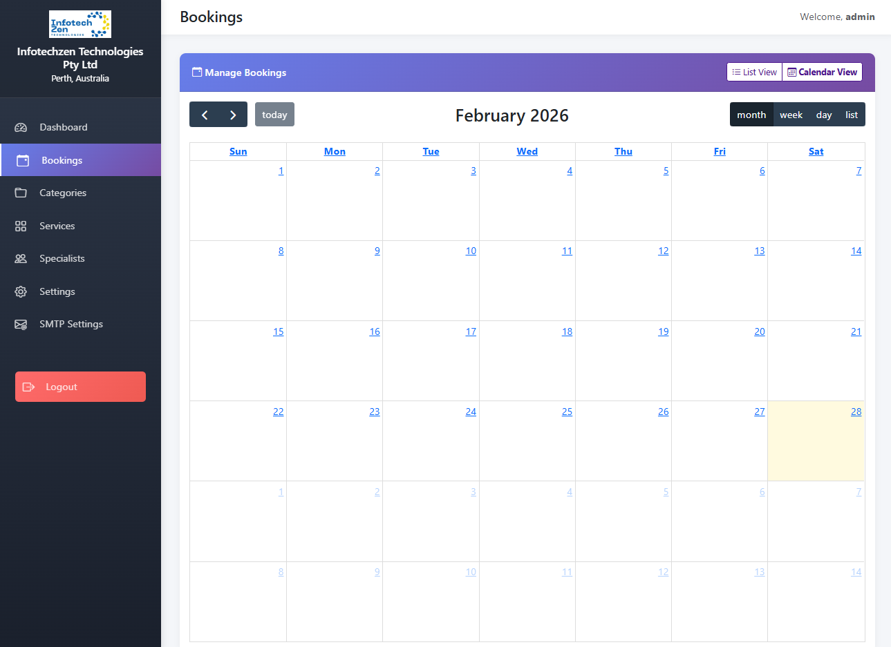 Booking Management Calendar View