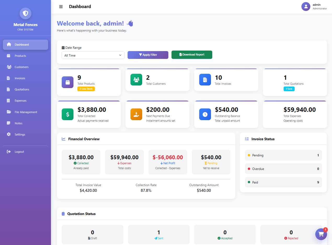 Business Management System Dashboard
